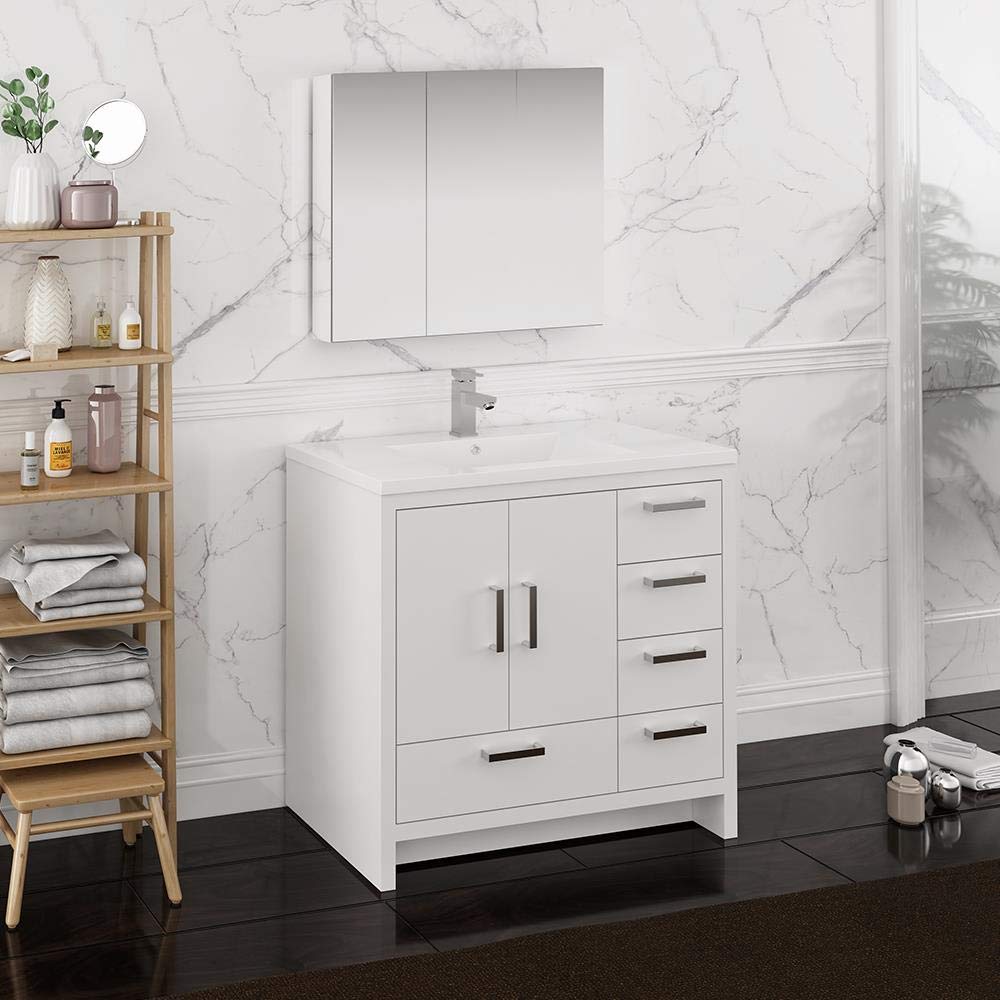 Fresca FVN9436WH-R Fresca Imperia 36" Glossy White Free Standing Modern Bathroom Vanity w/ Medicine Cabinet - Right Version