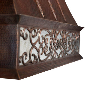 38 Inch 1250 CFM Hammered Copper Wall Mounted Euro Range Hood with Nickel Background Scroll Design and Slim Baffle Filters