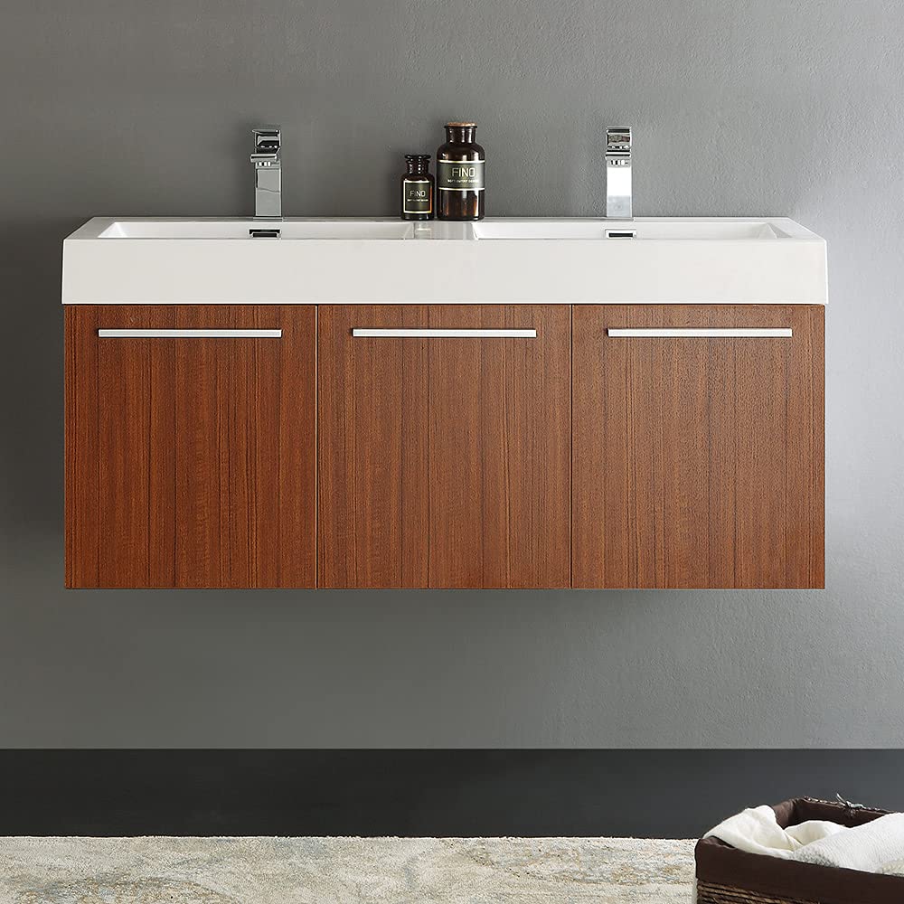 Fresca FCB8092WH-D-I Fresca Vista 48" White Wall Hung Double Sink Modern Bathroom Cabinet w/ Integrated Sink