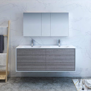 Fresca FVN9260HA-D Fresca Catania 60" Glossy Ash Gray Wall Hung Double Sink Modern Bathroom Vanity w/ Medicine Cabinet