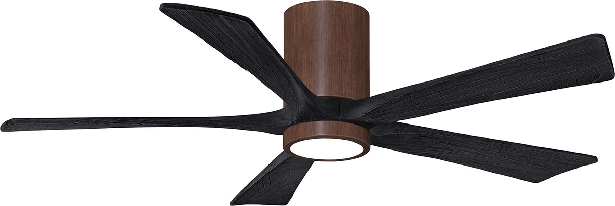 Matthews Fan IR5HLK-WN-BK-52 IR5HLK five-blade flush mount paddle fan in Walnut finish with 52” solid matte black wood blades and integrated LED light kit.