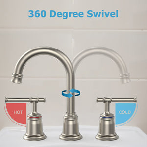 Classical 8 inch Bathroom Faucet, Bathroom faucets for Sink 3 Holes, Widespread Brushed Nickel Bathroom Faucet with Pop Up Drain and cUPC Lead-Free Hose (Brushed Nickel 2 Packs)