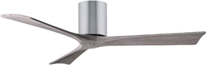 Matthews Fan IR3H-CR-BW-52 Irene-3H three-blade flush mount paddle fan in Polished Chrome finish with 52” solid barn wood tone blades. 