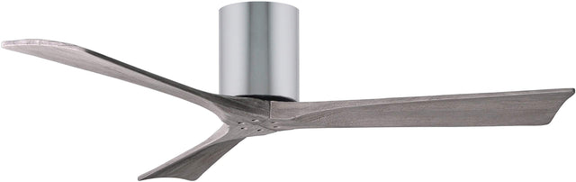 Matthews Fan IR3H-CR-BW-52 Irene-3H three-blade flush mount paddle fan in Polished Chrome finish with 52” solid barn wood tone blades. 