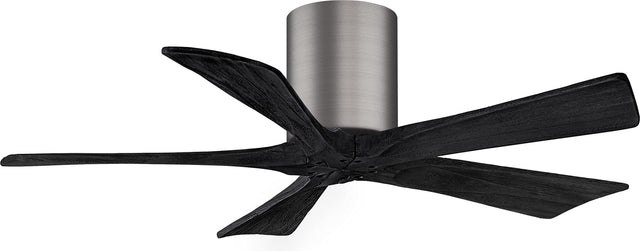 Matthews Fan IR5H-BP-BK-42 Irene-5H five-blade flush mount paddle fan in Brushed Pewter finish with 42” solid matte black wood blades. 