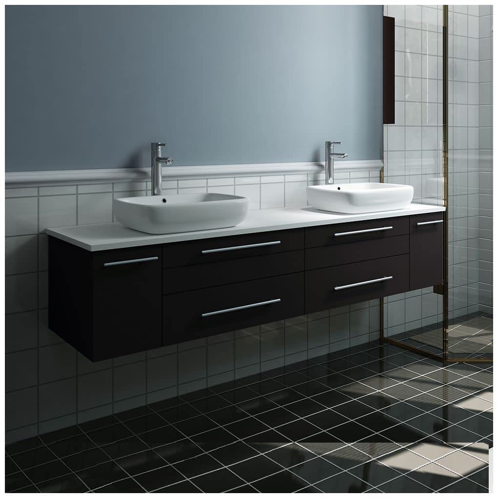 Fresca FCB6172WH-VSL-D-CWH-V Fresca Lucera 72" White Wall Hung Modern Bathroom Cabinet w/ Top & Double Vessel Sinks