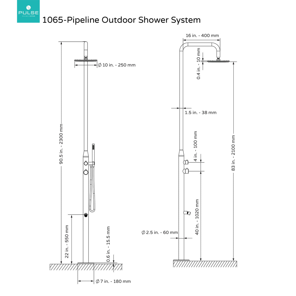 PULSE ShowerSpas 1065-MB Pipeline Outdoor Shower System, 10" Showerhead, Pivoting Arm, Hand Shower, Foot Spout Rinse, 316 Stainless-Steel Body, Matte Black