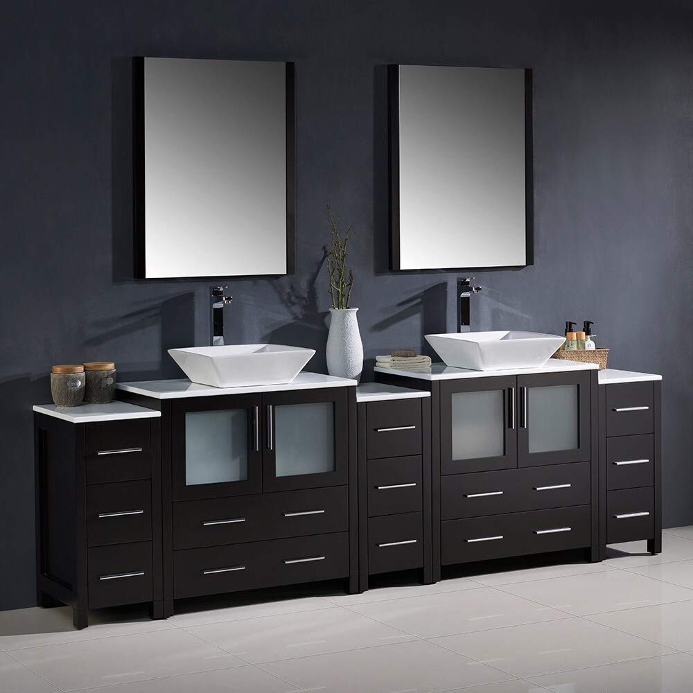 Fresca FVN62-96ES-VSL Fresca Torino 96" Espresso Modern Double Sink Bathroom Vanity w/ 3 Side Cabinets & Vessel Sinks