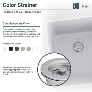 R3-1006-ECR-ST-CGS Ecru Single Bowl Undermount Quartz Granite Kitchen Sink with Grid and Matching Colored Strainer