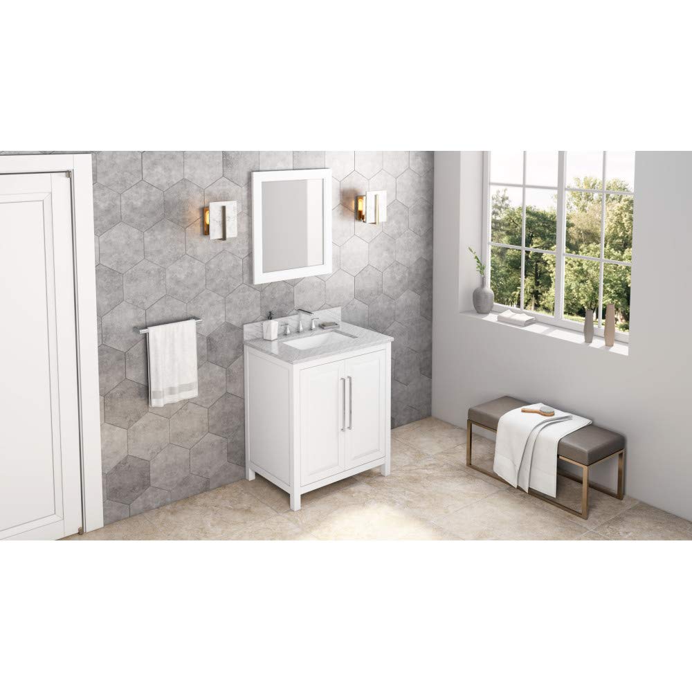 Jeffrey Alexander VKITCAD30WHWCR 30" White Cade Vanity, White Carrara Marble Vanity Top, undermount rectangle bowl