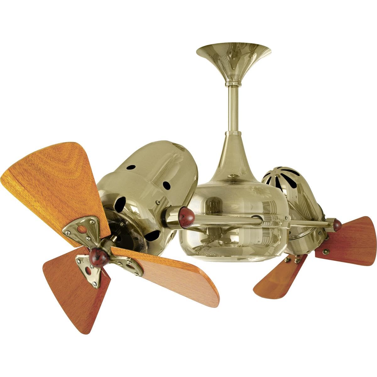 Matthews Fan DD-PB-WD Duplo Dinamico 360” rotational dual head ceiling fan in Polished Brass finish with solid sustainable mahogany wood blades.