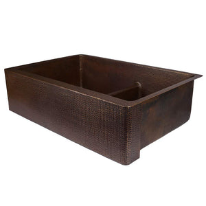 Premier Copper Products KA60DB33229-SD5 33-Inch Hammered Copper Kitchen Apron 60/40 Double Basin Sink with Short 5-Inch Divider…