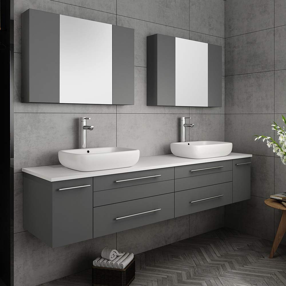 Fresca FVN6172GR-VSL-D Fresca Lucera 72" Gray Wall Hung Double Vessel Sink Modern Bathroom Vanity w/ Medicine Cabinets