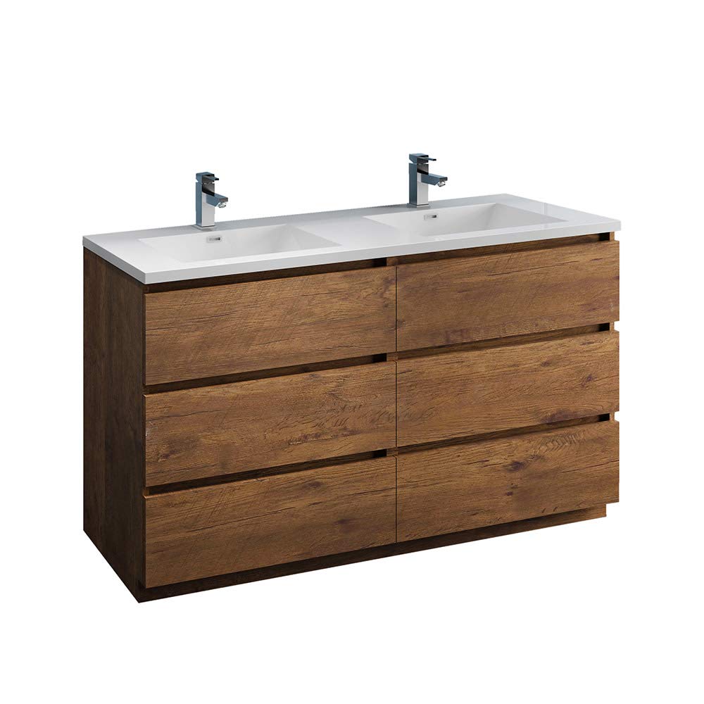 Fresca FCB93-3030RW-D-I Fresca Lazzaro 60" Rosewood Free Standing Modern Bathroom Cabinet w/ Integrated Double Sink