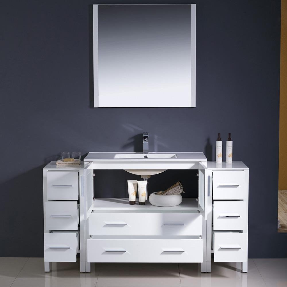 Fresca FVN62-123612WH-UNS Fresca Torino 60" White Modern Bathroom Vanity w/ 2 Side Cabinets & Integrated Sink