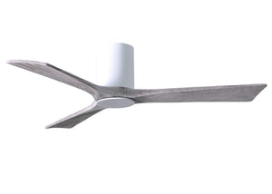 Matthews Fan IR3HLK-WH-BW-52 Irene-3HLK three-blade flush mount paddle fan in Gloss White finish with 52” solid barn wood tone blades and integrated LED light kit.