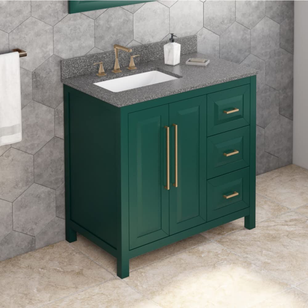 Jeffrey Alexander VKITCAD36GNBOR 36" Forest Green Cade Vanity, left offset, Boulder Vanity Cultured Marble Vanity Top, undermount rectangle bowl