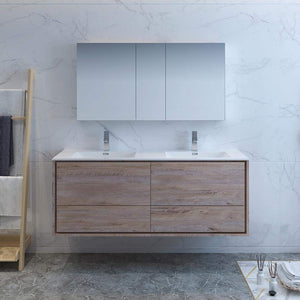Fresca FVN9260RNW-D Fresca Catania 60" Rustic Natural Wood Wall Hung Double Sink Modern Bathroom Vanity w/ Medicine Cabinet