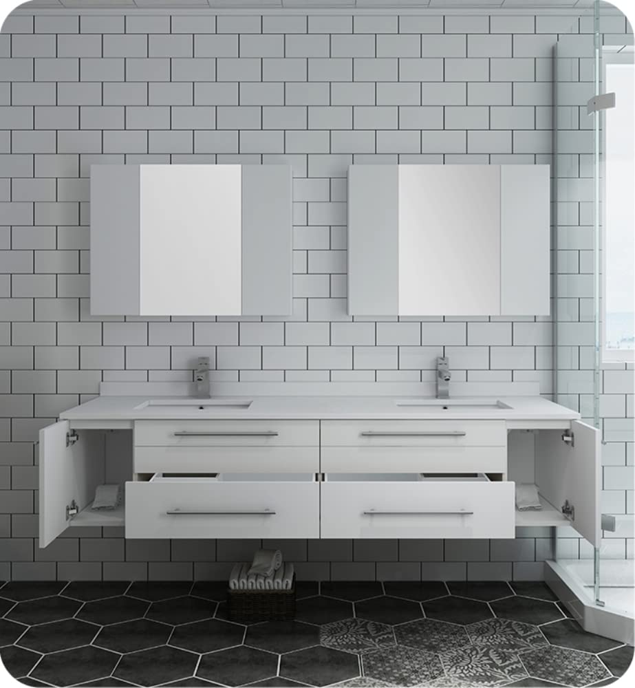 Fresca FVN6172WH-UNS-D Fresca Lucera 72" White Wall Hung Double Undermount Sink Modern Bathroom Vanity w/ Medicine Cabinets