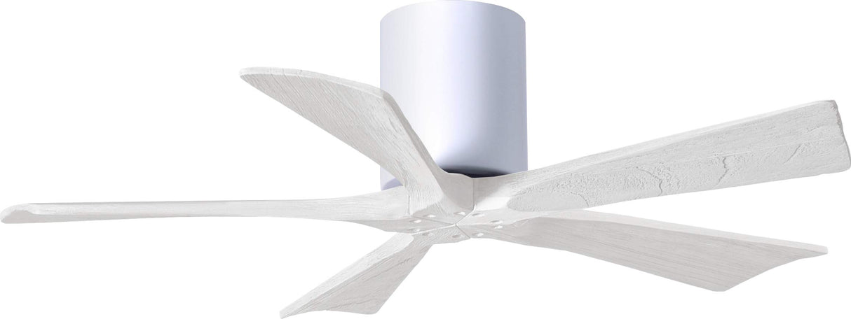 Matthews Fan IR5H-WH-MWH-42 Irene-5H five-blade flush mount paddle fan in Gloss White finish with 42” solid matte white wood blades. 