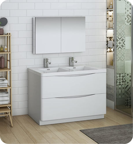 Fresca FVN9148WH-D Fresca Tuscany 48" Glossy White Free Standing Double Sink Modern Bathroom Vanity w/ Medicine Cabinet