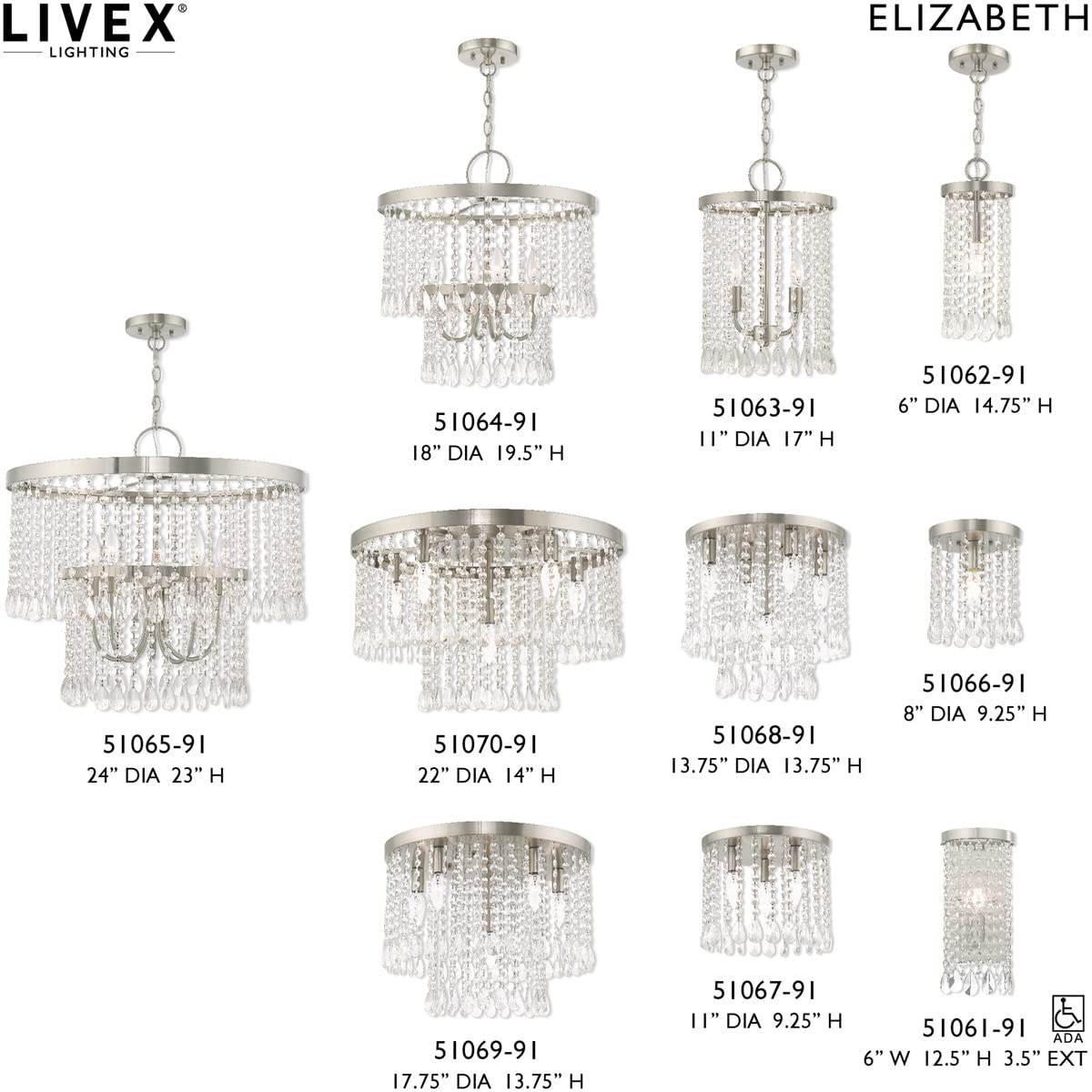 Livex Lighting 51063-91 Elizabeth - Two Light Mini Pendant, Brushed Nickel Finish with Clear Crystal