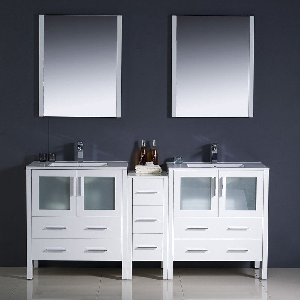 Fresca FVN62-301230WH-UNS Fresca Torino 72" White Modern Double Sink Bathroom Vanity w/ Side Cabinet & Integrated Sinks