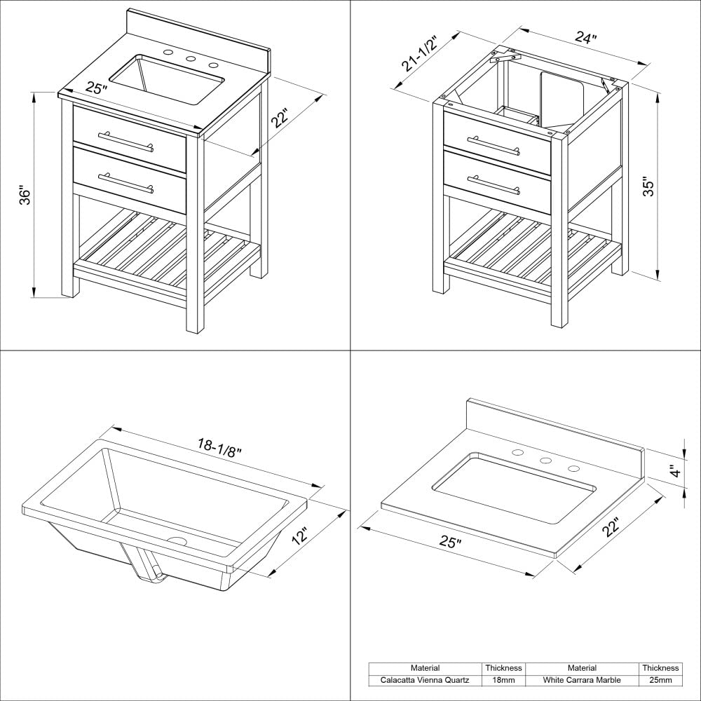 Jeffrey Alexander VKITWAV24GRWCR 24" Grey Wavecrest Vanity, White Carrara Marble Vanity Top, undermount rectangle bowl