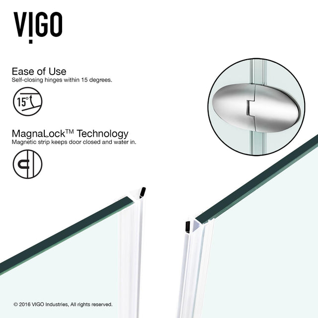VIGO VG6061CHCL38 36.13" -36.13" W -73.38" H Frameless Hinged Neo-angle Shower Enclosure with Clear 0.38" Tempered Glass and Stainless Steel Hardware in Chrome Finish with Reversible Handle