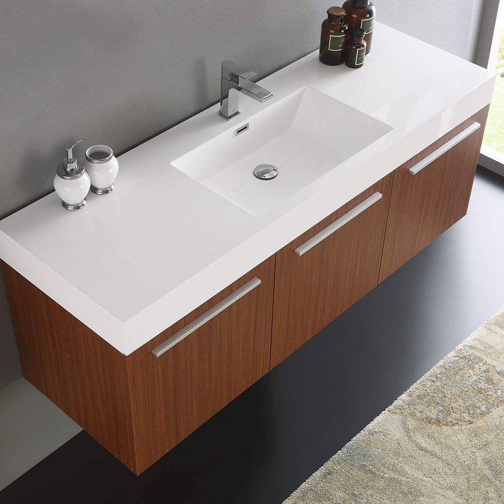 Fresca FCB8093GW-I Fresca Vista 60" Walnut Wall Hung Single Sink Modern Bathroom Cabinet w/ Integrated Sink