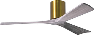 Matthews Fan IR3H-BRBR-BW-52 Irene-3H three-blade flush mount paddle fan in Brushed Brass finish with 52” solid barn wood tone blades. 