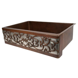 Premier Copper Products 33-Inch Hammered Copper Apron Front Single Basin Kitchen Sink w/ Scroll Design and Nickel Background