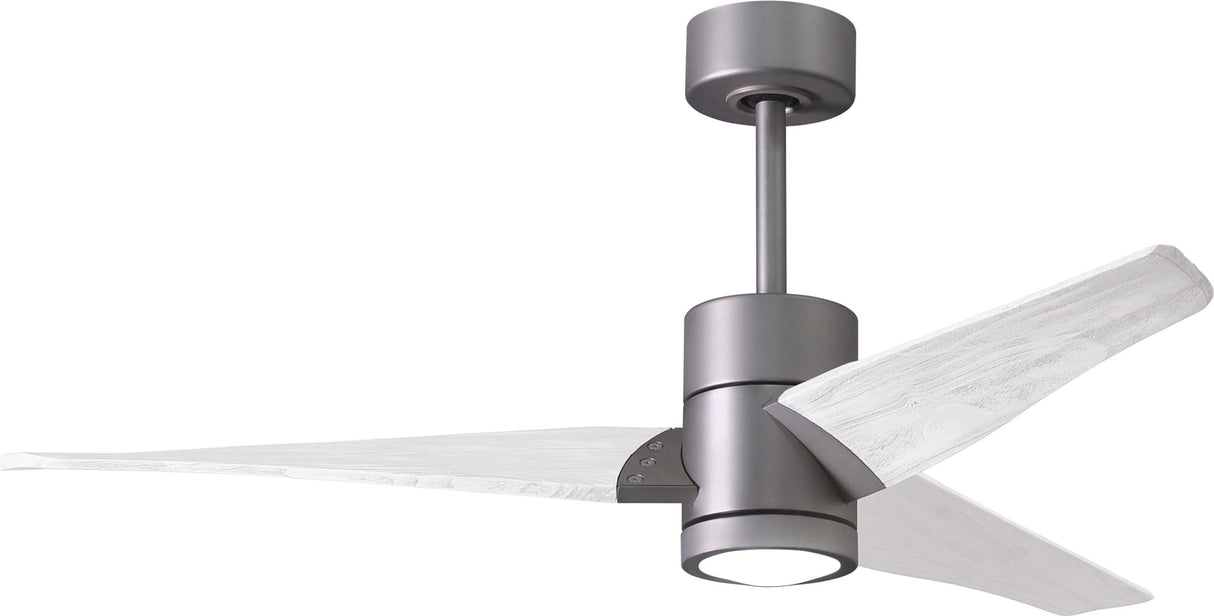 Matthews Fan SJ-BN-MWH-52 Super Janet three-blade ceiling fan in Brushed Nickel finish with 52” solid matte white wood blades and dimmable LED light kit 