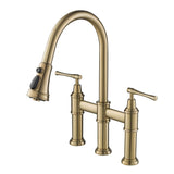 KRAUS Allyn Transitional Bridge Kitchen Faucet with Pull-Down Sprayhead in Brushed Gold, KPF-3121BG