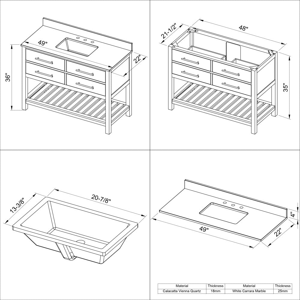 Jeffrey Alexander VKITWAV48WHCQR 48" White Wavecrest Vanity, Calacatta Vienna Quartz Vanity Top, undermount rectangle bowl