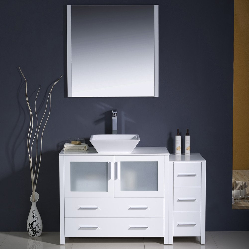 Fresca FVN62-3612WH-VSL Fresca Torino 48" White Modern Bathroom Vanity w/ Side Cabinet & Vessel Sink
