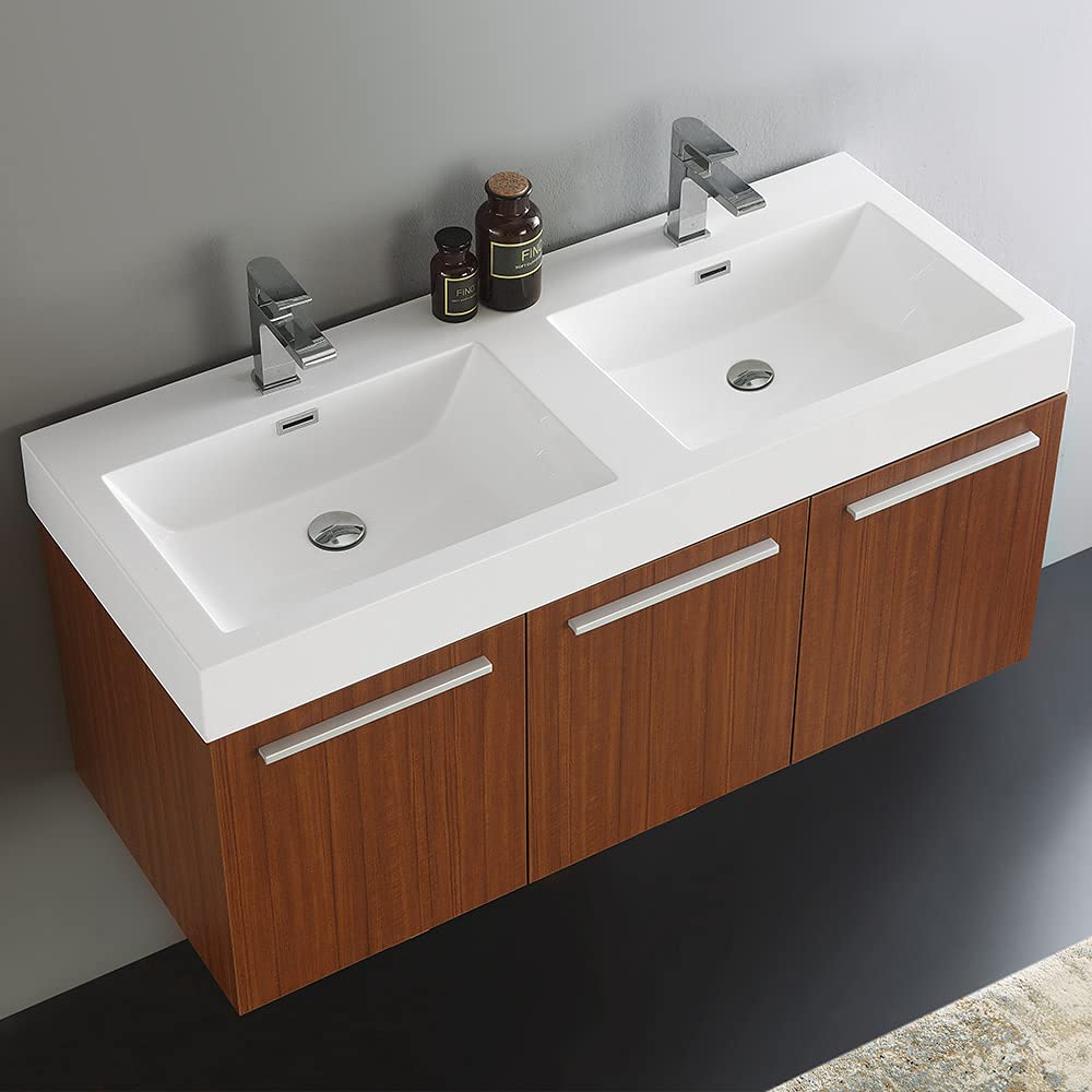 Fresca FCB8092TK-D-I Fresca Vista 48" Teak Wall Hung Double Sink Modern Bathroom Cabinet w/ Integrated Sink