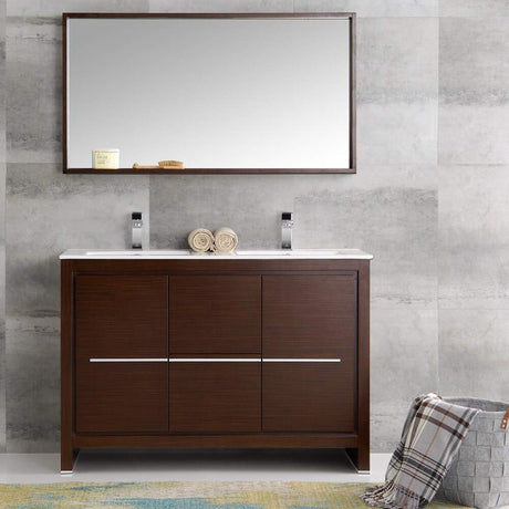 Fresca FVN8148WG-D Fresca Allier 48" Wenge Brown Modern Double Sink Bathroom Vanity w/ Mirror