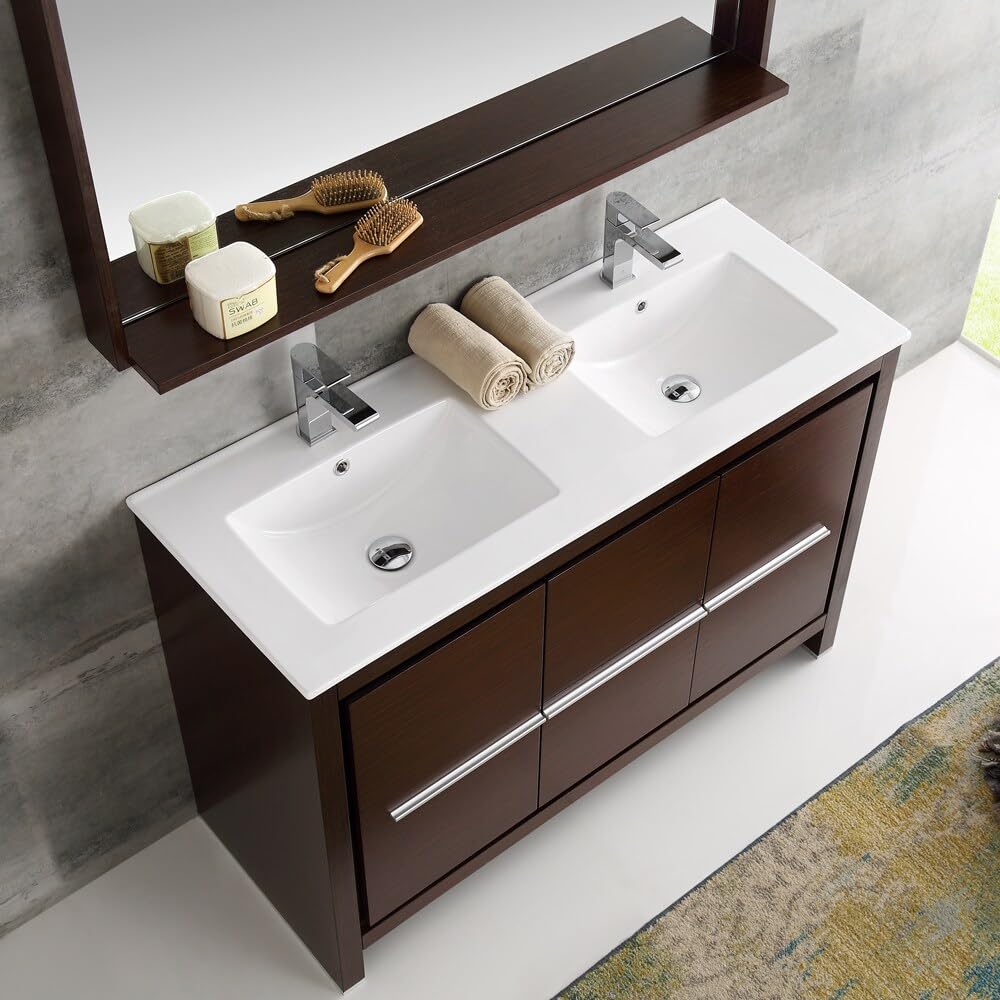 Fresca FVN8148WG-D Fresca Allier 48" Wenge Brown Modern Double Sink Bathroom Vanity w/ Mirror