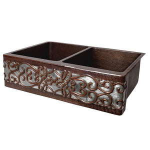 Premier Copper Products 33-inch Copper Apron Front 50/50 Double Basin Kitchen Sink w/Scroll Dsgn Nickel Bkgrnd