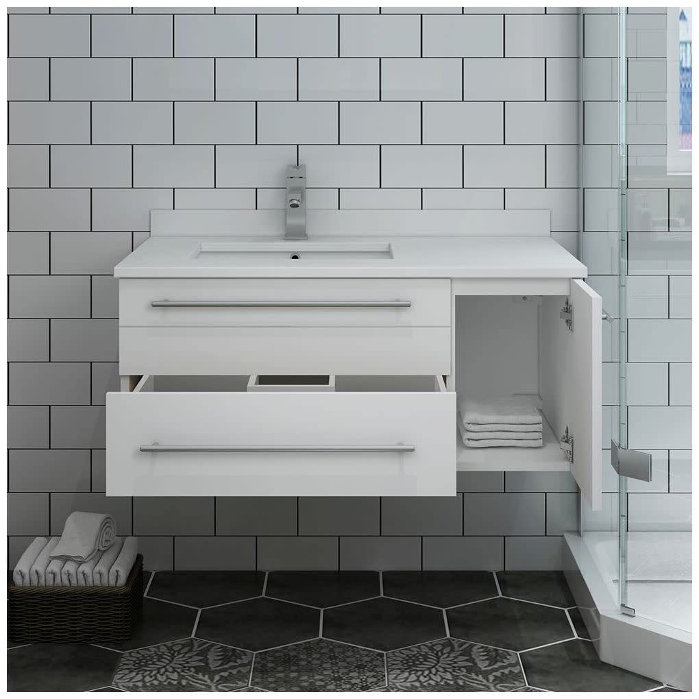 Fresca FCB6136RBL-UNS-L-CWH-U Fresca Lucera 36" Royal Blue Wall Hung Modern Bathroom Cabinet w/ Top & Undermount Sink - Left Version
