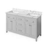 Jeffrey Alexander VKITCHA60CHSGR 60" Chocolate Chatham Vanity, double bowl, Steel Grey Cultured Marble Vanity Top, two undermount rectangle bowls