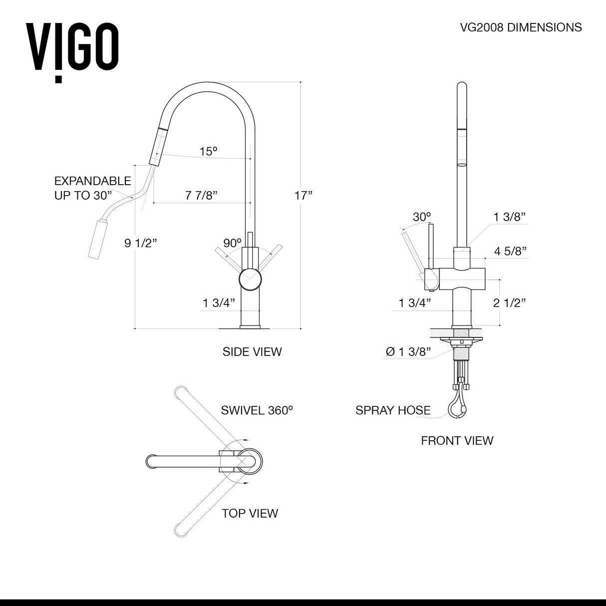 VIGO VG02008MB 17" H Gramercy Single-Handle with Pull-Down Sprayer Kitchen Faucet in Matte Black