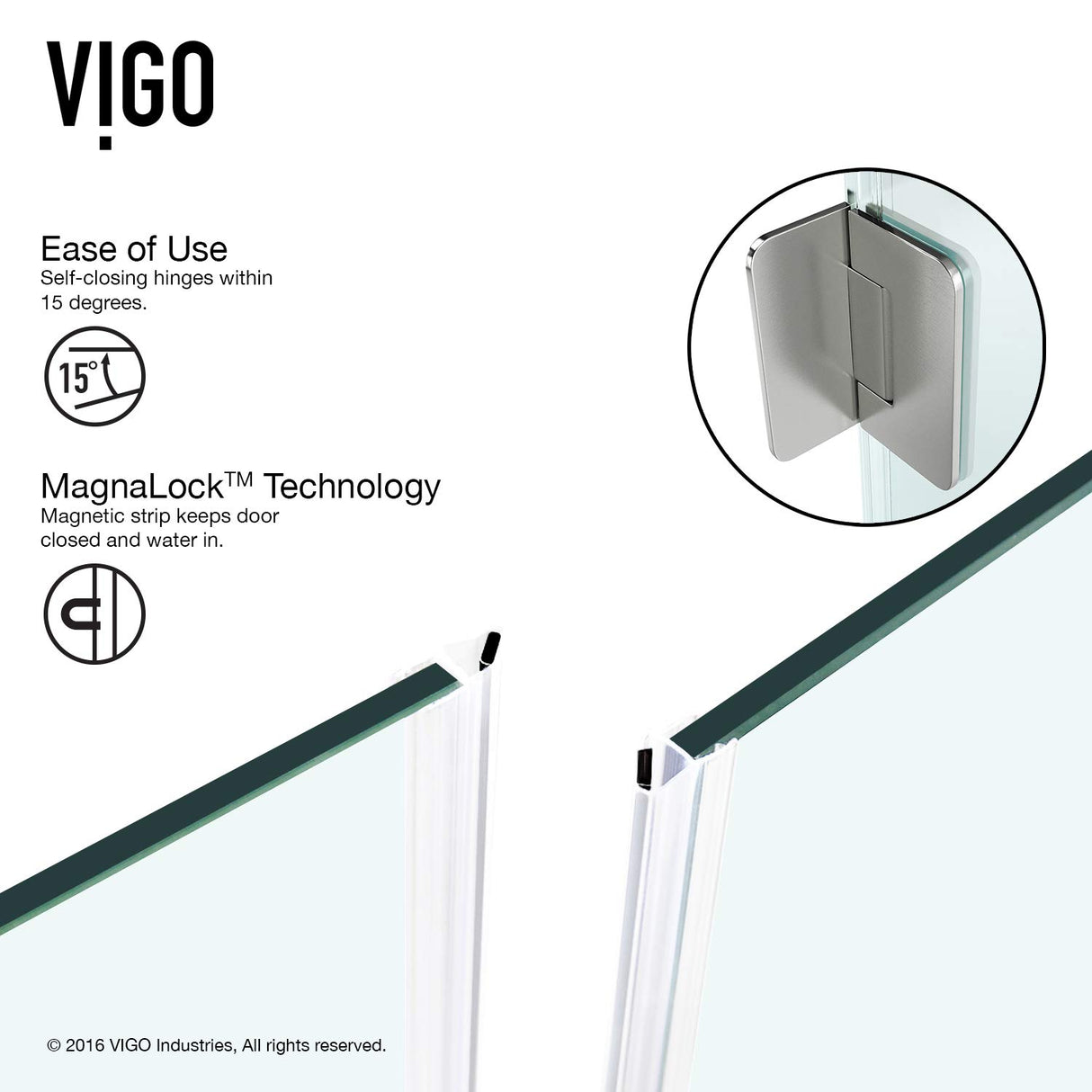 VIGO VG6012BNCL36 34.0" -46.0" W -73.38" H Frameless Hinged Rectangle Shower Enclosure with Clear 0.38" Tempered Glass and Stainless Steel Hardware in Brushed Nickel Finish with Reversible Handle