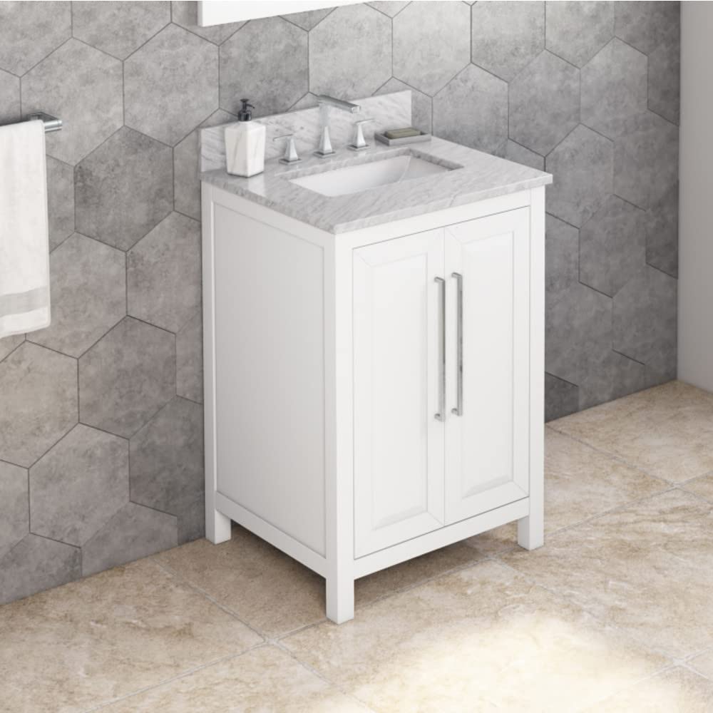 Jeffrey Alexander VKITCAD24WHWCR 24" White Cade Vanity, White Carrara Marble Vanity Top, undermount rectangle bowl