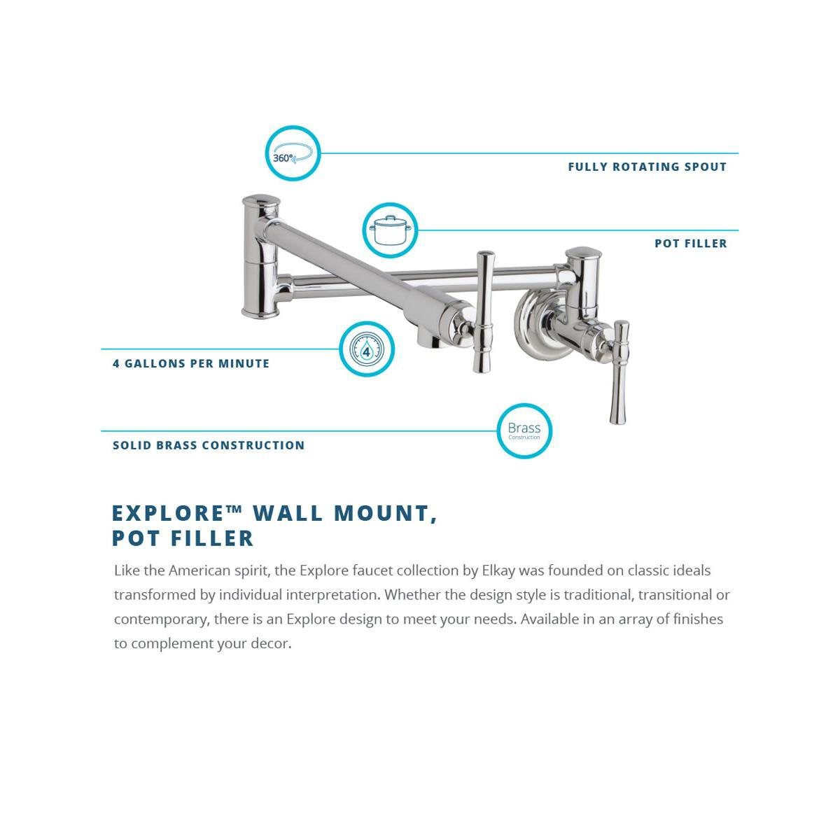 Elkay Explore LKEC2091LS Single Hole Wall Mount Pot Filler Kitchen Faucet with Lever Handles, Lustrous Steel