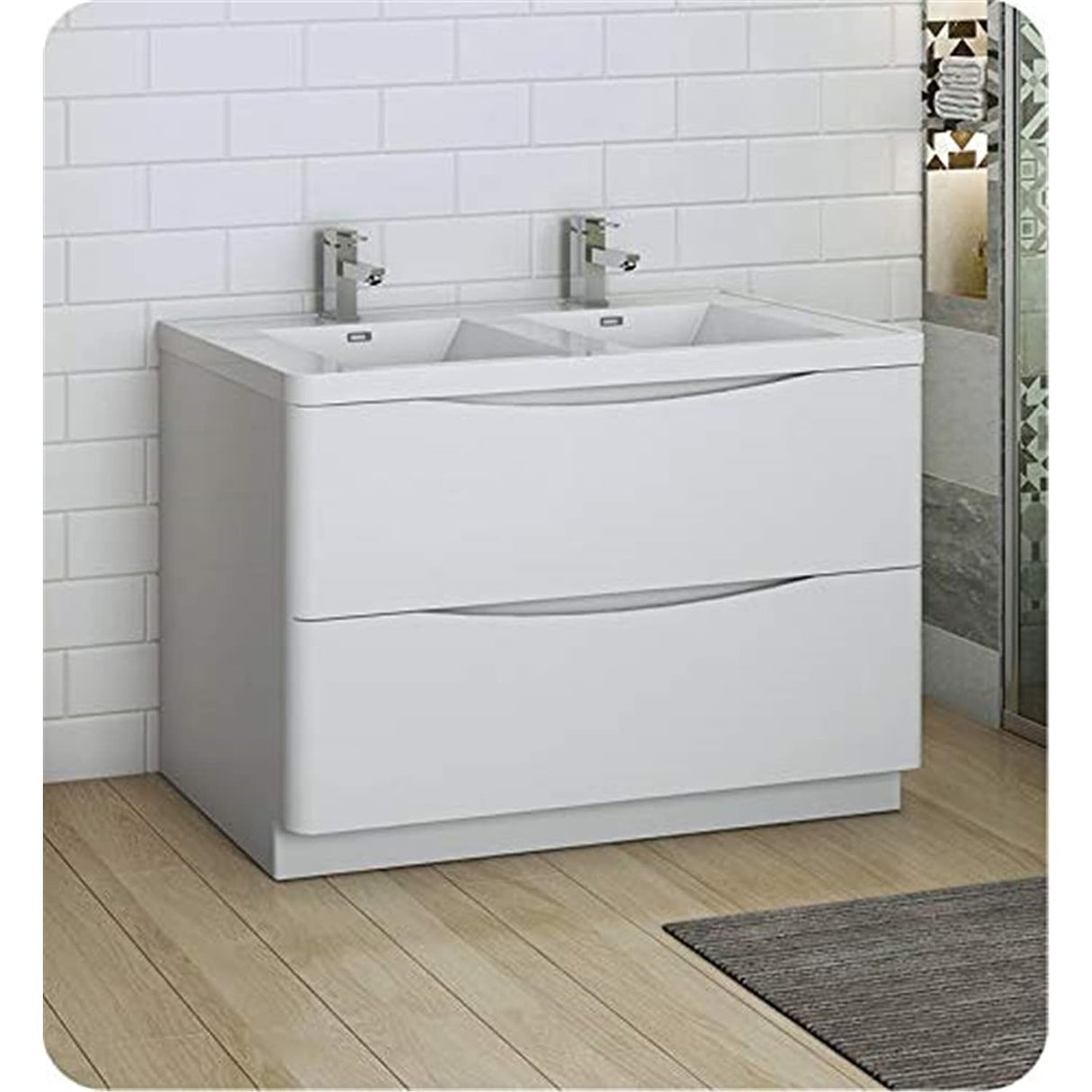 Fresca FCB9148WH-D-I Fresca Tuscany 48" Glossy White Free Standing Modern Bathroom Cabinet w/ Integrated Double Sink