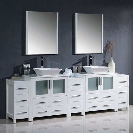 Fresca FVN62-96WH-VSL Fresca Torino 96" White Modern Double Sink Bathroom Vanity w/ 3 Side Cabinets & Vessel Sinks