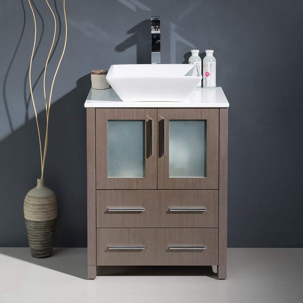 Fresca FCB6224GO-CWH-V Fresca Torino 24" Gray Oak Modern Bathroom Cabinet w/ Top & Vessel Sink