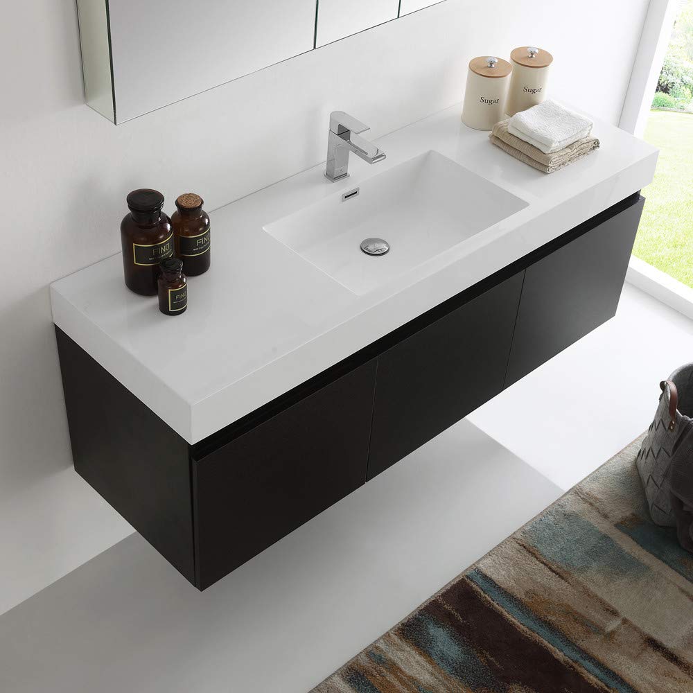 Fresca FVN8041BW Fresca Mezzo 60" Black Wall Hung Single Sink Modern Bathroom Vanity w/ Medicine Cabinet